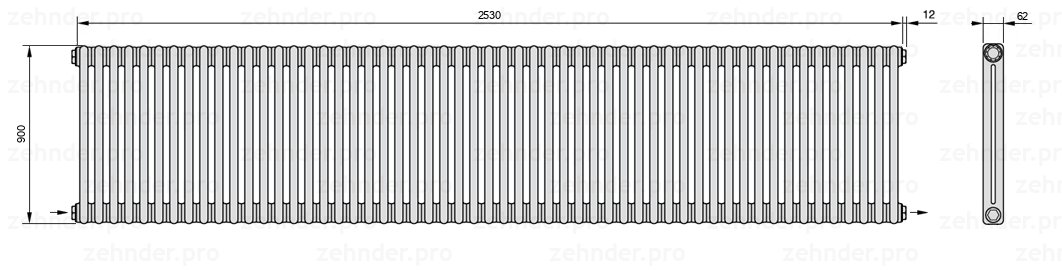 Схема (чертеж) Радиатор Zehnder Charleston 2090/55 №2670 Белый глянцевый RAL 9016